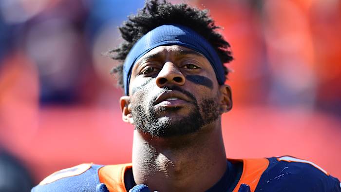Emmanuel Sanders before the game against the Tennessee Titans at Empower Field at Mile High Stadium.